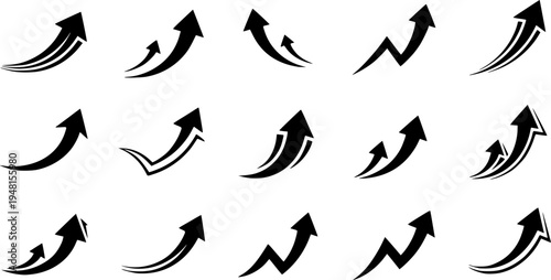 Arrow up icons. Set of curve rise increase arrows. Growth pictogram isolated. Vector illustration.
