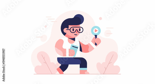 Cartoon person with glasses holds magnifying glass with play button