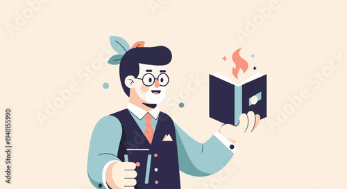 Cartoon man with glasses and vest holds book with flames