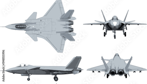 Detailed vector illustration of a modern stealth fighter jet shown from top side front and rear views for military aviation design projects