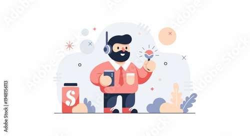 Cartoon man with headphones and a lightbulb, holding a phone and standing next to a jar