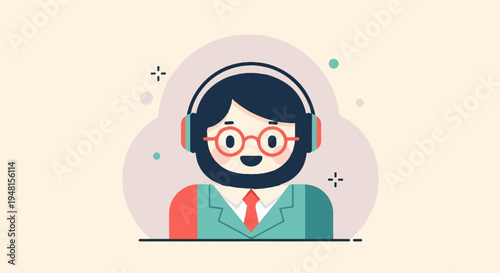 Cartoon person with headphones, glasses, tie, and suit