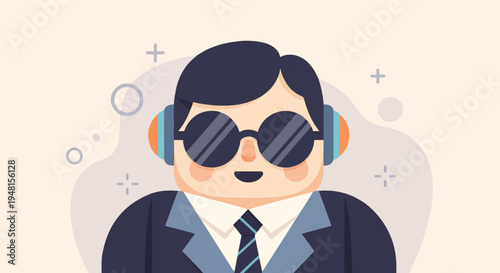 Cartoon man in suit, sunglasses, and headphones enjoys music