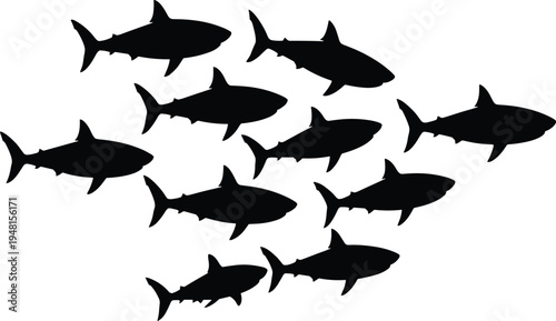 Group of ten black shark silhouettes swimming together in formation, perfect for marine life themes, ocean ecosystem design, and educational illustration projects