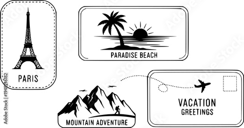Travel postcards: paris, paradise beach, mountain adventure, vacation greetings
