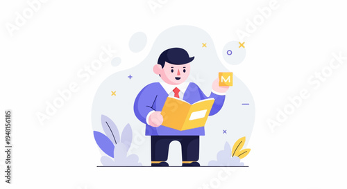 Cartoon man in suit reading a book and holding an 'M' block