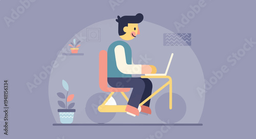 Cartoon of a person working on a laptop while riding a stationary bicycle