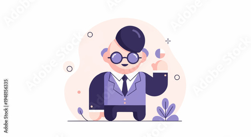 Cartoon older man in suit with glasses holding pie chart