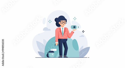 Cartoon of woman in suit holding camera, looking forward
