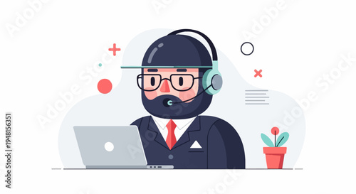 Cartoon operator wearing headset and glasses with laptop