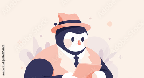 Cartoon penguin in a suit and hat holds a tablet, surrounded by soft pastel shapes