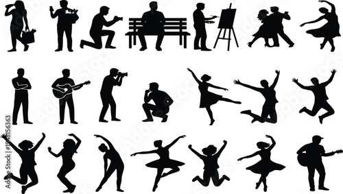 Large set of black silhouettes featuring people dancing playing guitar painting taking photos and jumping for creative arts and active lifestyle designs