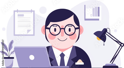 Cartoon man in suit at desk with laptop, lamp, and plant