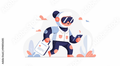 Cartoon panda astronaut with VR headset, holding bag and phone