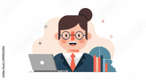 Cartoon person in business attire with laptop and charts
