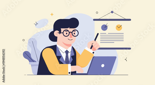Cartoon person at desk with laptop and presentation board