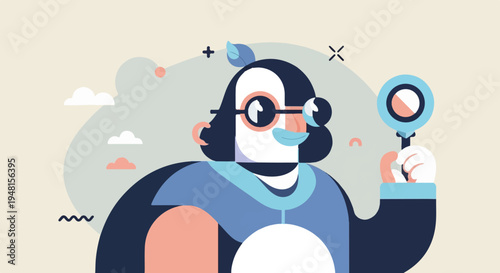 Cartoon penguin with glasses holds magnifying glass