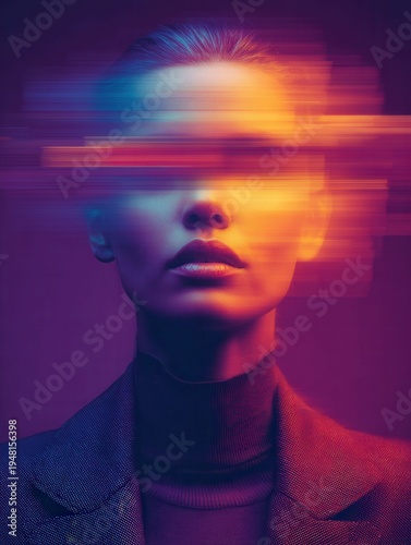 Abstract portrait of a woman with colorful horizontal glitch effect across her face and shoulders