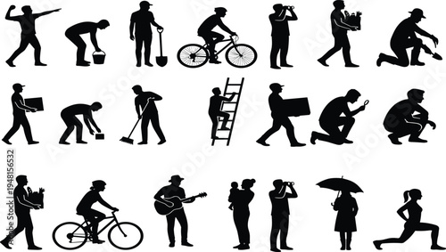 Large set of black silhouettes featuring people gardening cycling carrying groceries playing guitar and performing various daily activities for lifestyle and labor designs