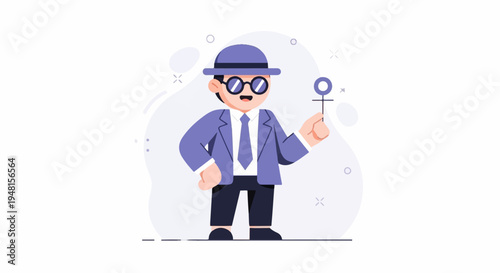 Cartoon man in purple suit holds a feminist symbol