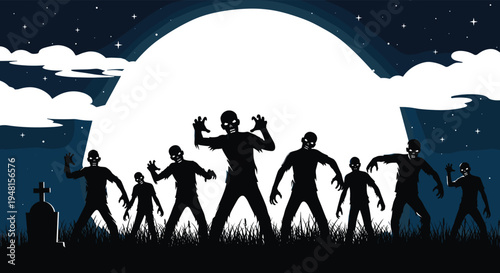 Black silhouette illustration of zombies emerging under moonlit graveyard sky with stars and clouds, ideal for Halloween, horror, or spooky design themes.