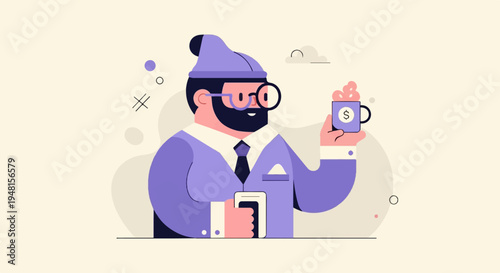 Cartoon man in purple suit holds phone and mug with dollar sign