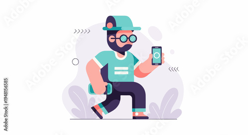 Cartoon man in hat with glasses walks with phone and bag