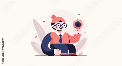 Cartoon person in glasses and business attire holding a camera
