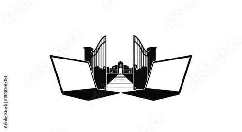 black and white illustration of symmetrical building entrance