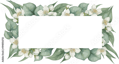Decorative floral frame with jasmine‑like white blossoms and green leaves surrounding a blank center, ideal for invitations, greeting cards, or announcement designs.