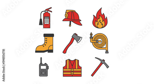 Firefighter Equipment Icon Set with Rescue Tools and Safety Gear