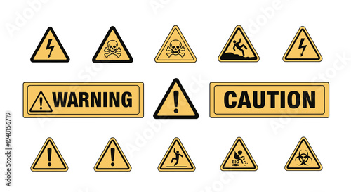 Safety Warning and Caution Yellow Sign Icons Set