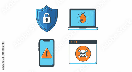Cybersecurity Icons Set for Malware Shield and Data Protection