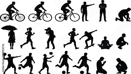 Set of black silhouettes featuring people cycling running playing soccer skateboarding and practicing yoga for various outdoor sports and healthy lifestyle designs