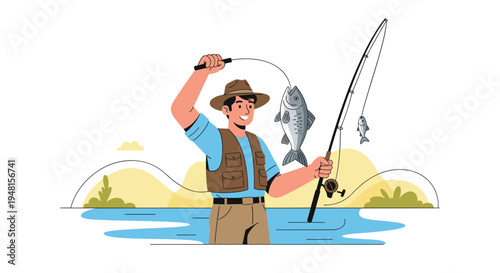 Fisherman holding caught fish and rod standing in water