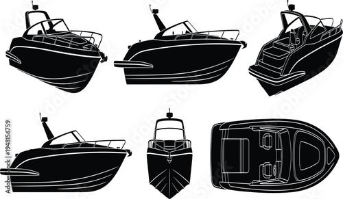 Set of black silhouettes of modern motorboat and powerboat from various angles including top front side and isometric view for marine design