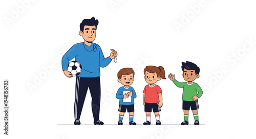 Soccer coach with whistle and ball standing with young players