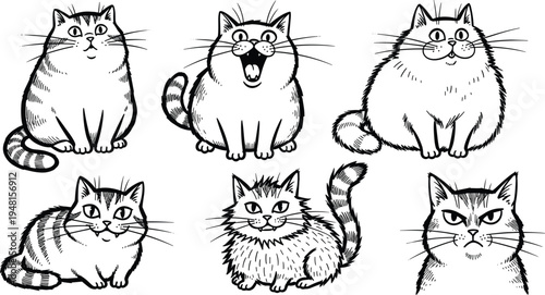 Black‑and‑white cartoon cat illustrations showing varied moods and postures, ideal for pet, animal behavior, character design, or decorative artwork themes.