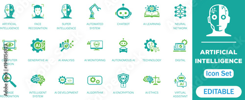 Artificial Intelligence editable Solid icon set. Symbol by ai, intelligence, virtual, ethics, global, creativity, algorithm, illustration, cyberspace, futuristic, and more perfect icons collection.