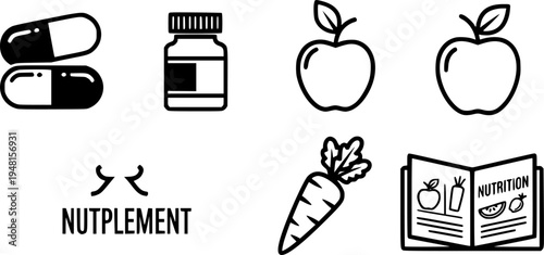Health icons: medicine capsule, supplement bottle, apple, carrot, nutrition guide
