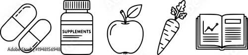 Health icons: medicine capsule, supplement bottle, apple, carrot, nutrition guide
