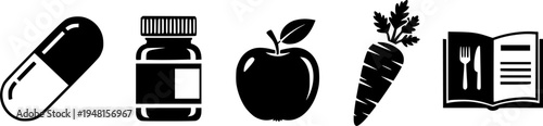 Health icons: medicine capsule, supplement bottle, apple, carrot, nutrition guide
