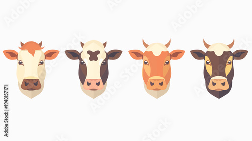 Four stylized, geometric cow head portraits against a white background, in various color schemes