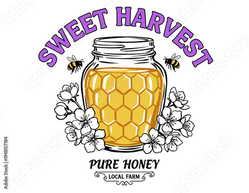 Eat well live well. Honey local farm. Yellow honey vintage t-shirt design. Organic natural farm. Honey food artwork for t shirt print, poster, sticker