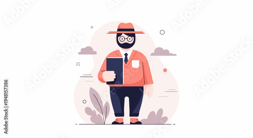 Cartoon man in hat and suit holding a book, surrounded by abstract shapes