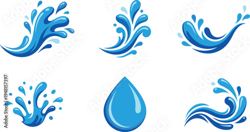 Blue water splash wave and droplet icon set representing liquid motion clean aqua elements for nature freshness beverage design