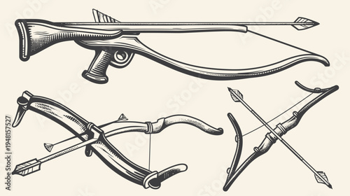 Black and white illustration of various bows and arrows. Features a crossbow and two bows