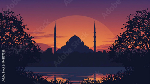 Flat vector graphic illustration of the majestic silhouette of a grand mosque with multiple slender minarets against a breathtaking twilight sky