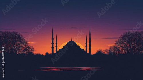 Flat vector graphic illustration of the majestic silhouette of a grand mosque with multiple slender minarets against a breathtaking twilight sky