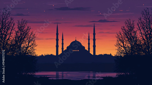 Flat vector graphic illustration of the majestic silhouette of a grand mosque with multiple slender minarets against a breathtaking twilight sky